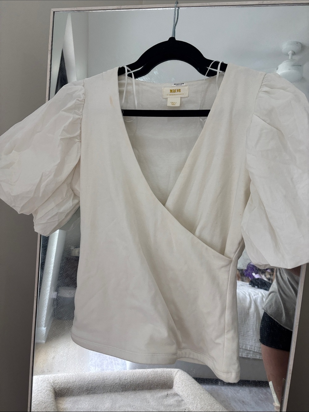 Maeve/Anthropologie Cream Puff-Sleeve Wrap Blouse